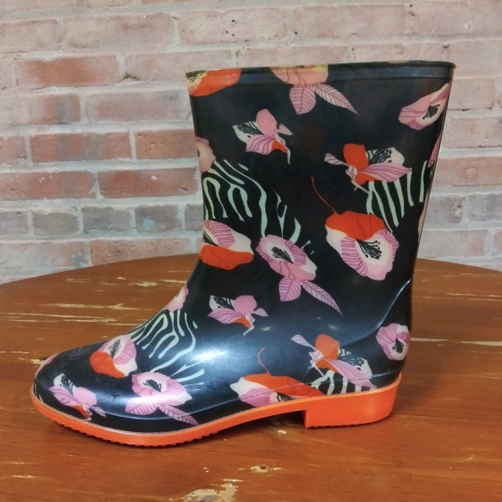 Hpedgy Flowered Ankle Rain Boots Black Orange